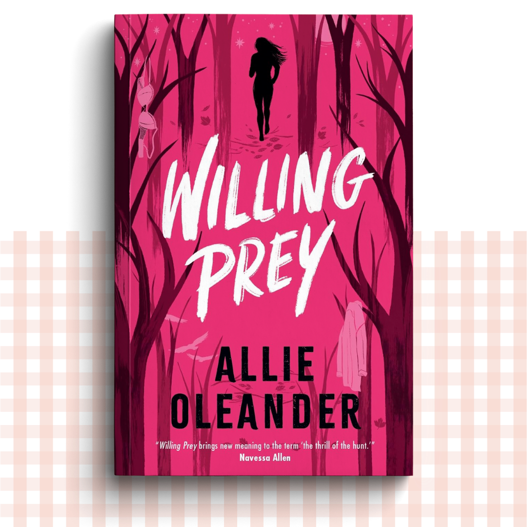 Paperback book cover of 'Willing Prey' by Allie Oleander with a pink background and silhouette design.