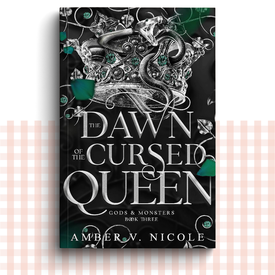 Paperback book cover of 'The Dawn of the Cursed Queen' with green and black decorative fantasy elements