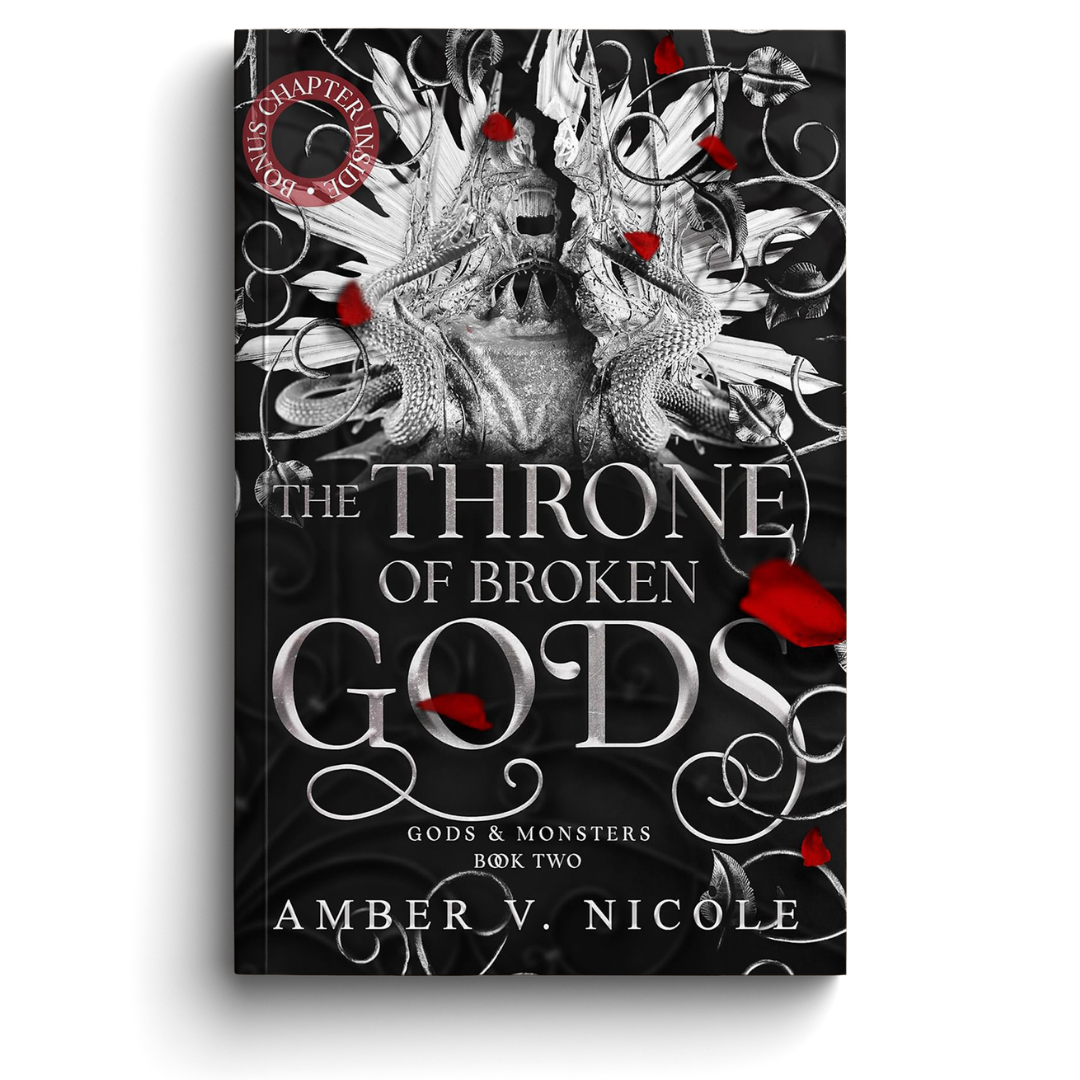 Book cover of 'The Throne of Broken Gods' by Amber V. Nicole with a dark background and red petals.
