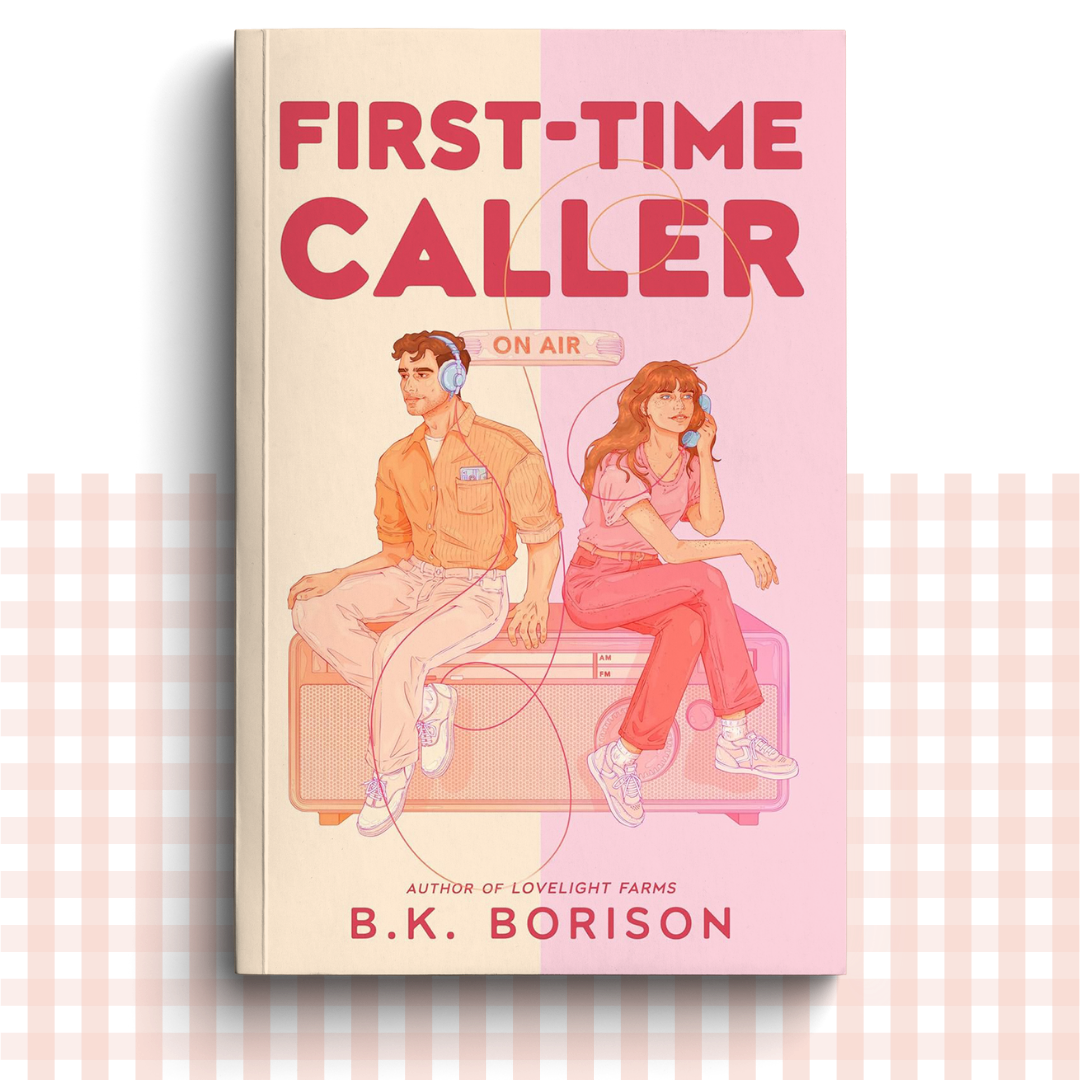 Paperback book cover of 'First-Time Caller' by B.K. Borison with a pink design of two characters sat on a radio.