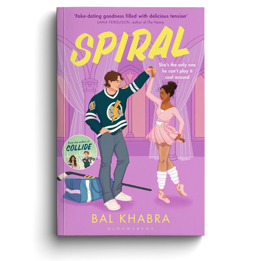 Book cover of 'Spiral' featuring two characters in a dance pose on a purple background.