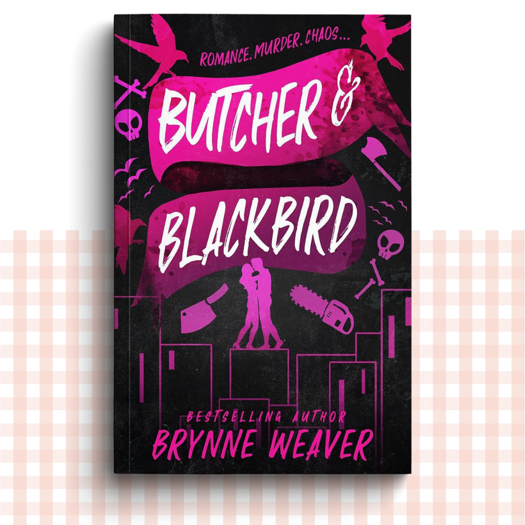 Paperback book cover of 'Butcher & Blackbird' with pink text and graphics on a black background.