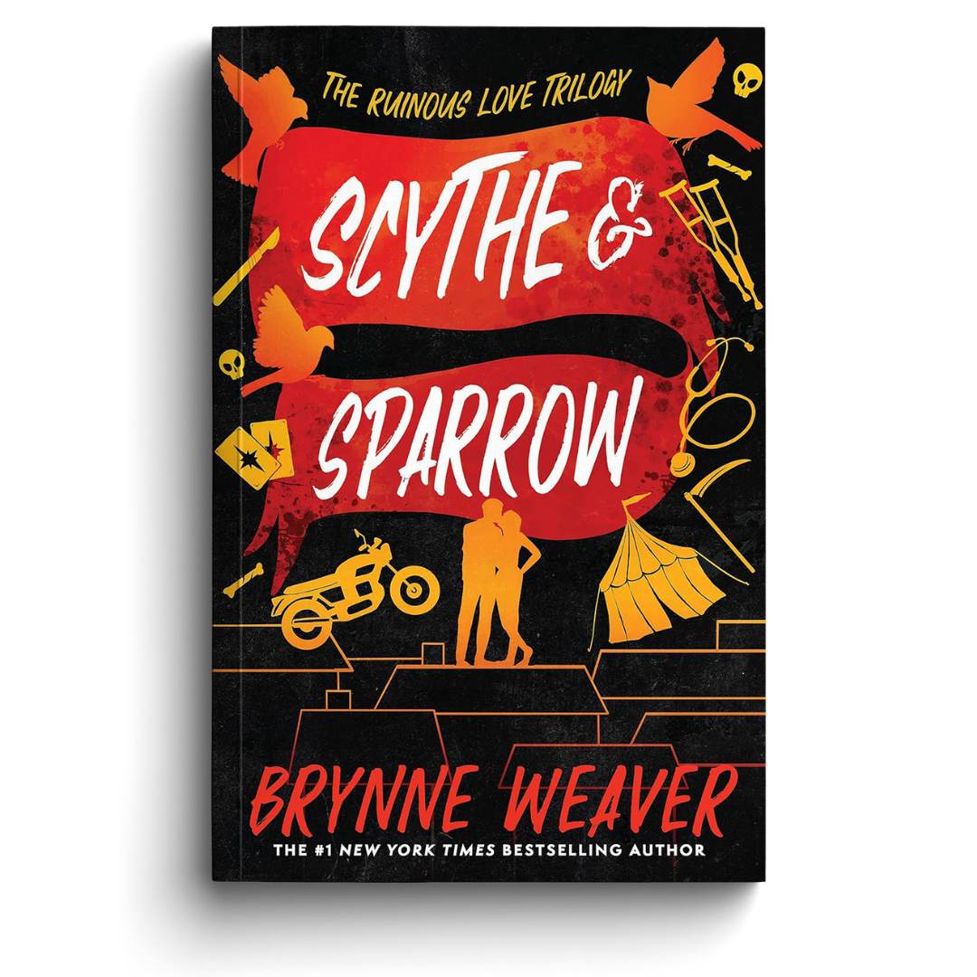 Book cover of 'Scythe & Sparrow' by Brynne Weaver with colorful design elements on a black background.