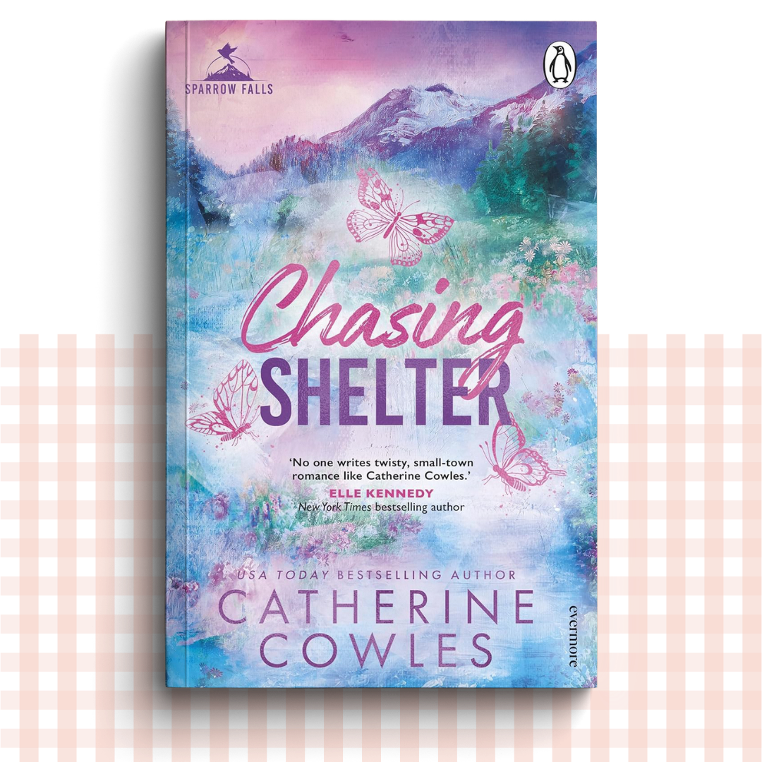 Paperback book cover of 'Chasing Shelter' by Catherine Cowles with a colourful landscape and butterfly design.