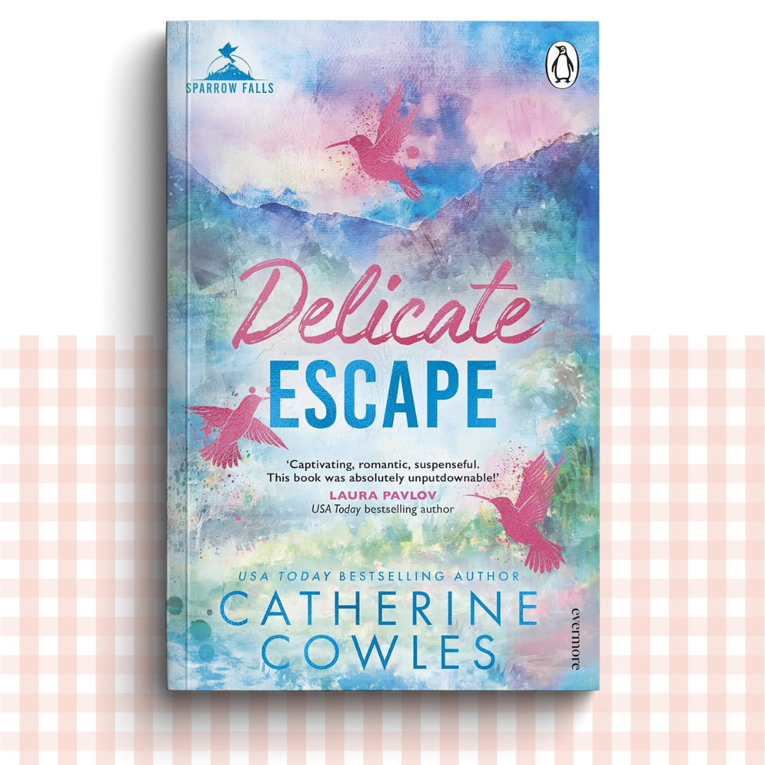 Paperback book cover of 'Delicate Escape' by Catherine Cowles with colourful design and bird illustrations.