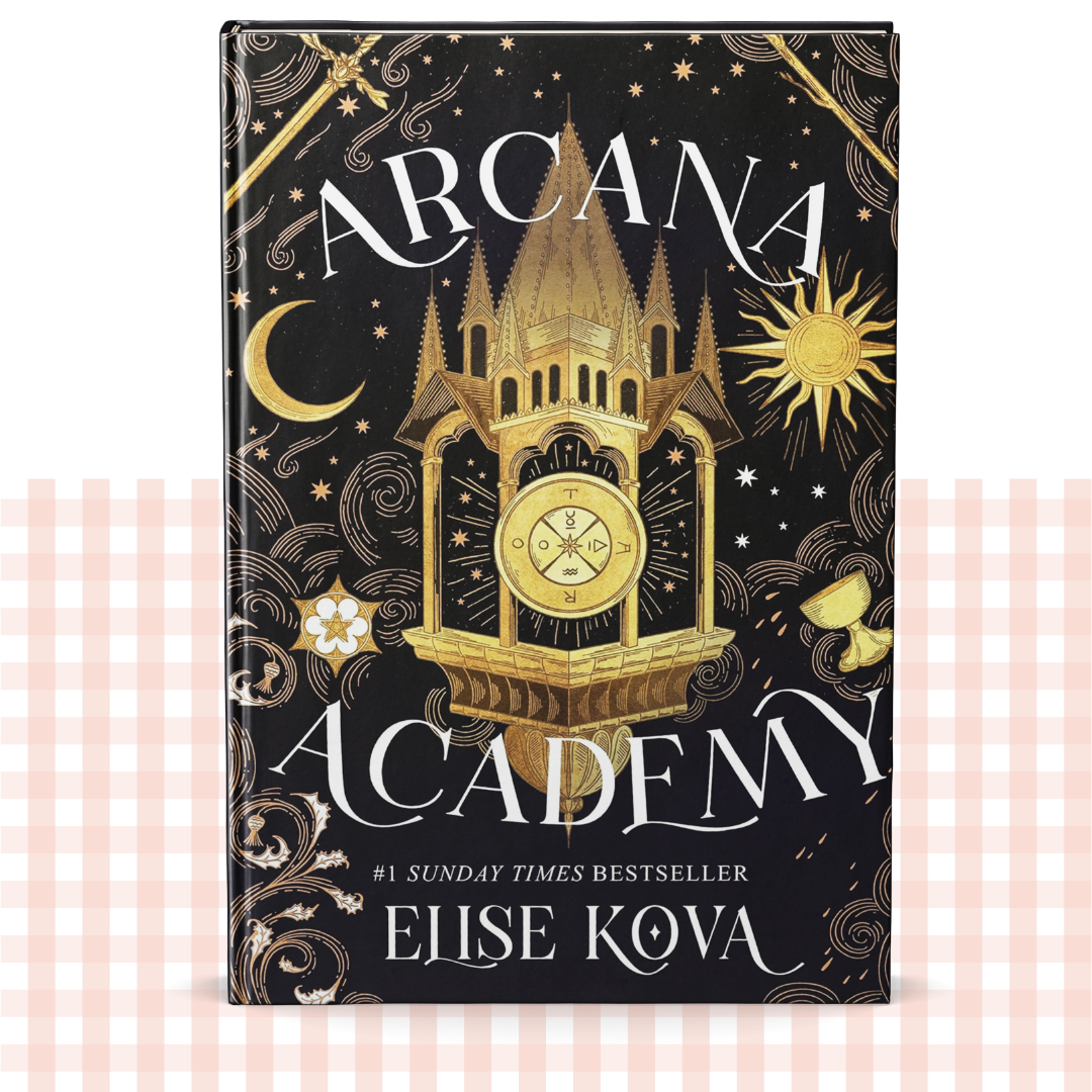Hardback book cover of 'Arcana Academy' by Elise Kova with a black and gold fantasy tower design.