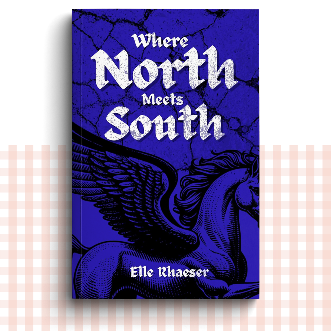 Paperback book cover of 'Where North Meets South' by Elle Rhaeser with a blue background and winged horse illustration.