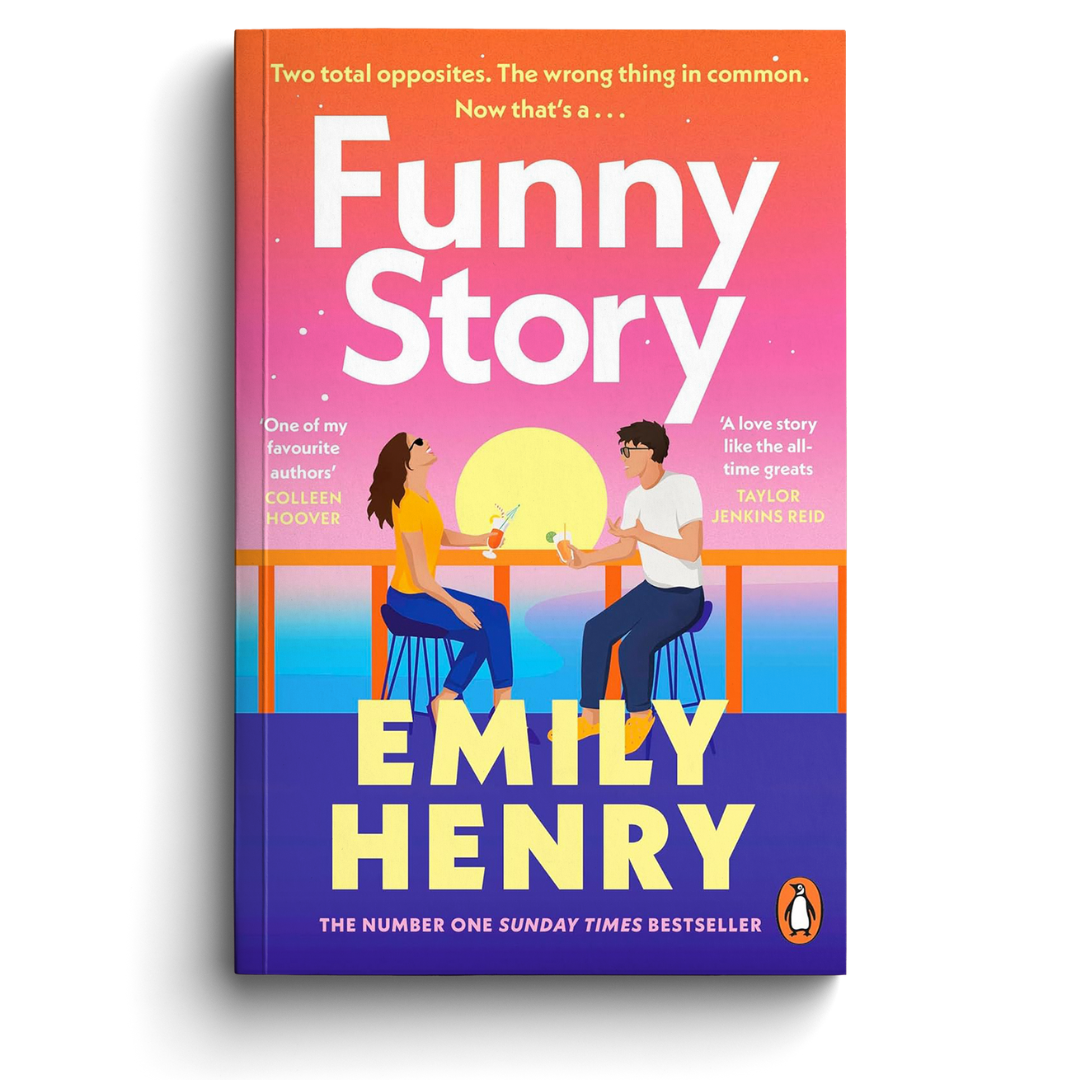 Book cover of 'Funny Story' by Emily Henry with a colorful design and two people sitting at a table.