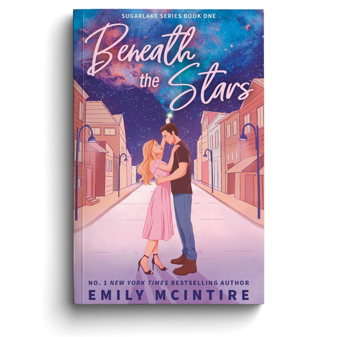 Book cover of 'Beneath the Stars' by Emily McIntire with a couple embracing under a starry sky.