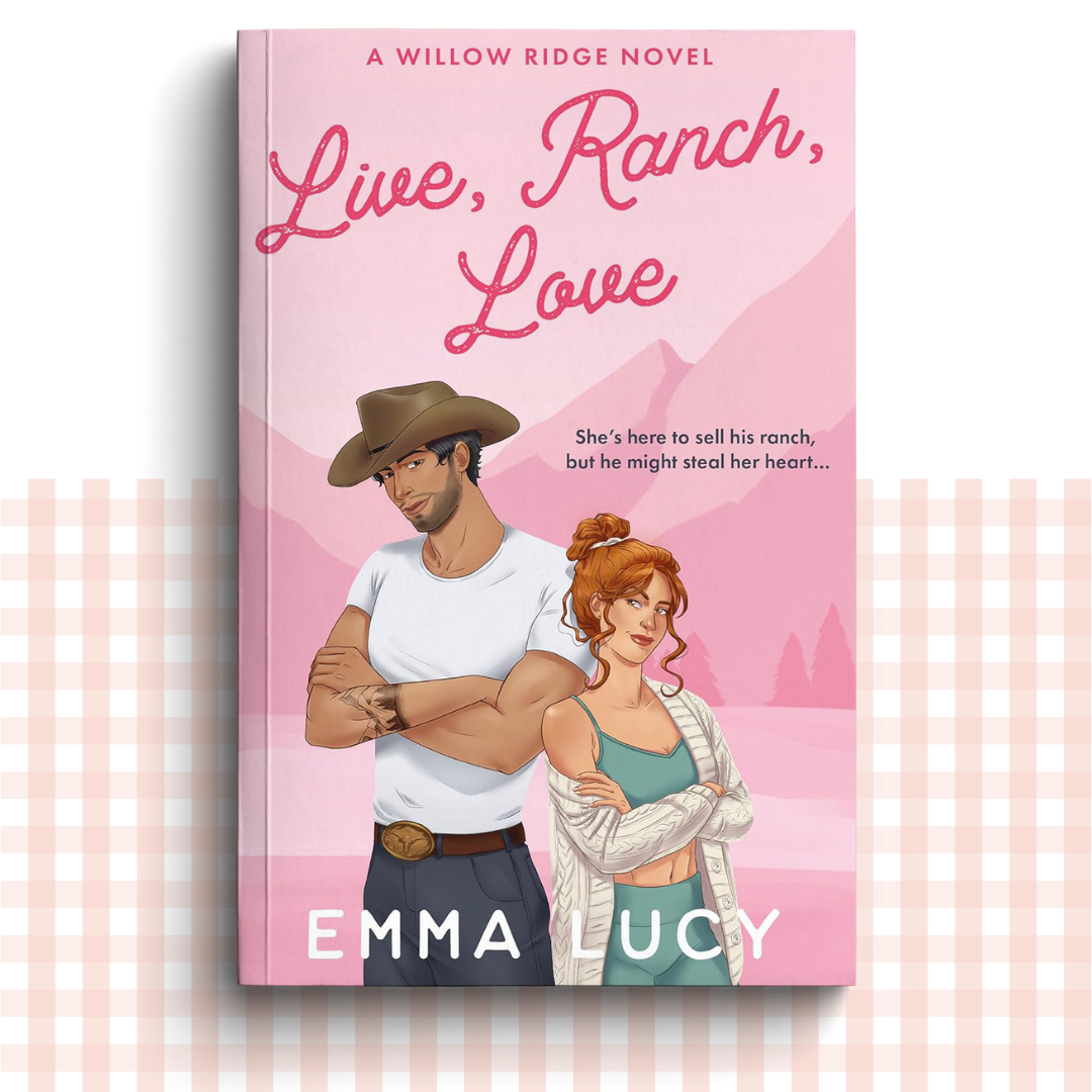 Paperback book cover of 'Live, Ranch, Love' by Emma Lucy with a pink background and illustrations of a man and woman.