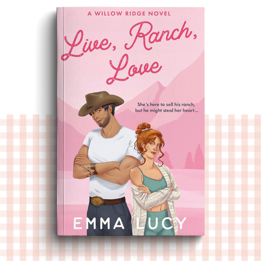 Paperback book cover of 'Live, Ranch, Love' by Emma Lucy with a pink background and illustrations of a man and woman.