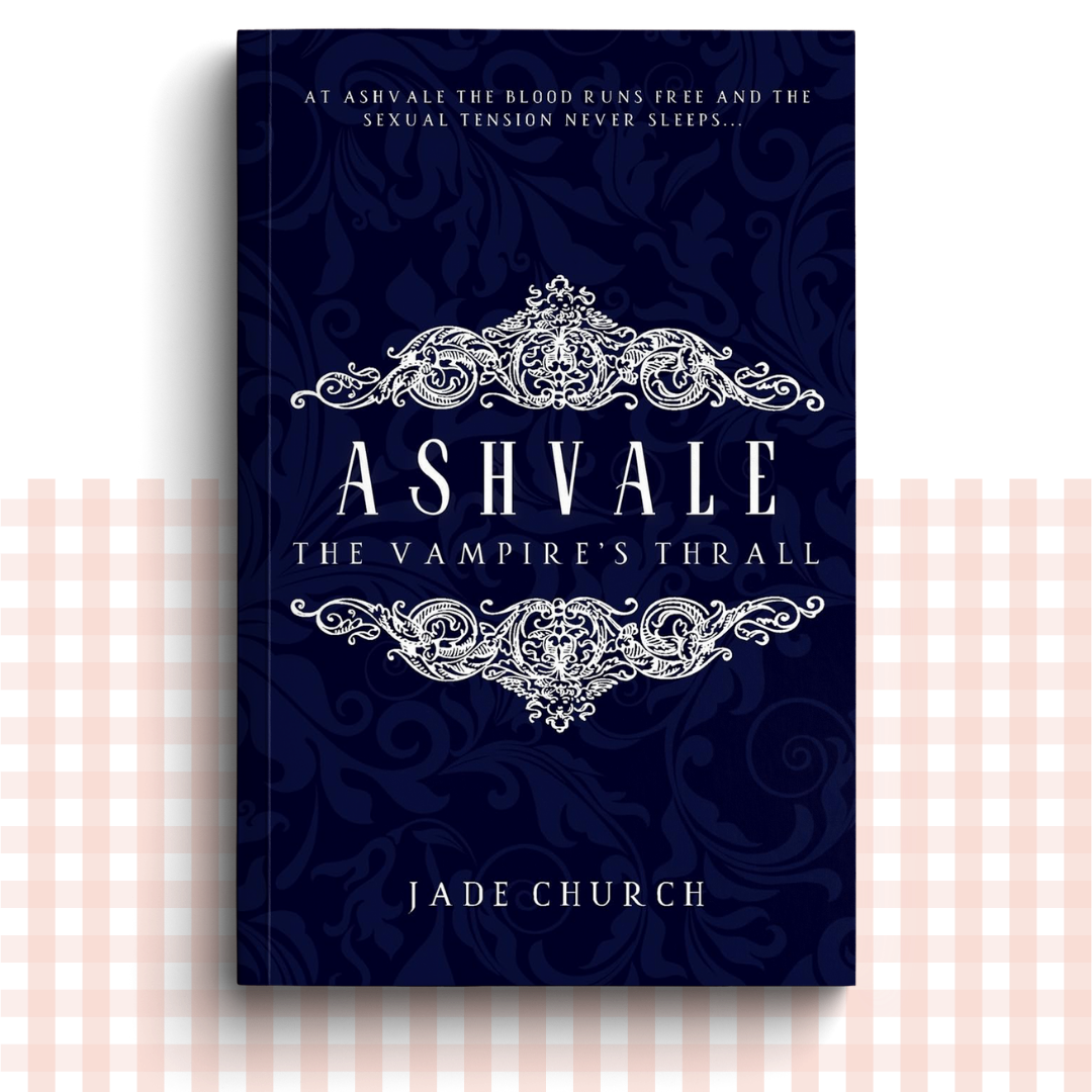 Paperback book cover of 'Ashvale: The Vampire's Thall' by Jade Church on a dark blue background with decorative elements.