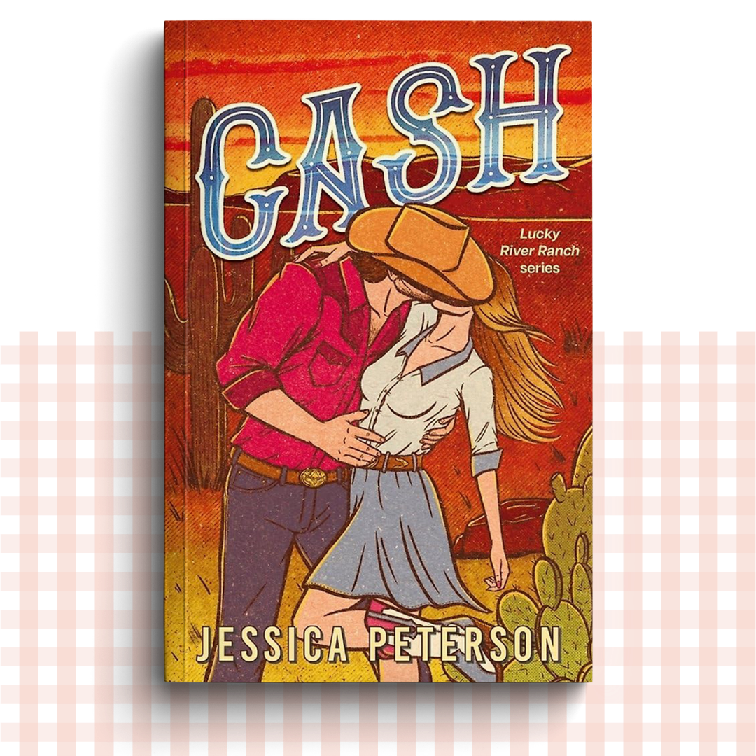 Paperback book cover of 'Cash' by Jessica Peterson, with a couple in front of an orange sunrise landscape.