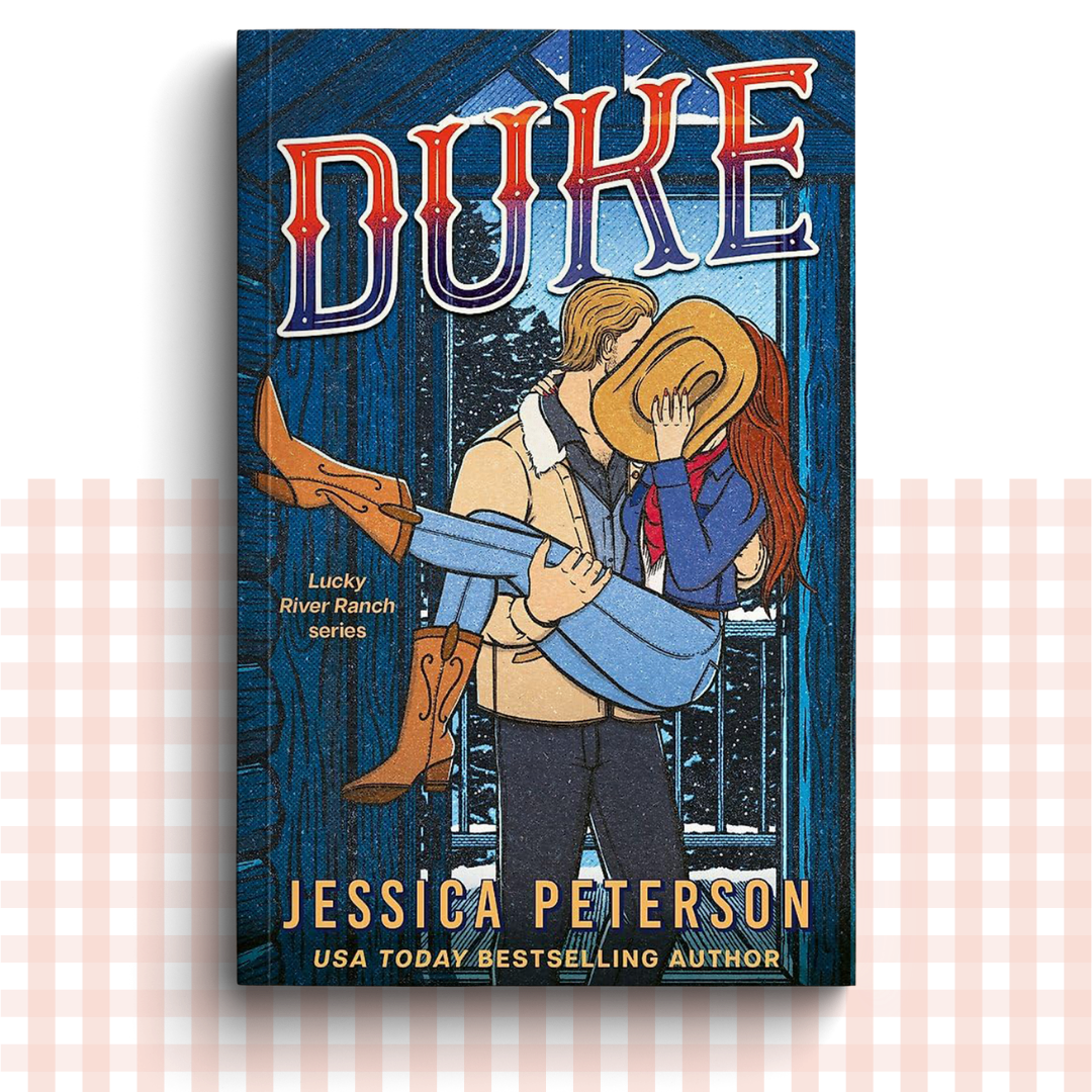 Paperback book cover of 'Duke' by Jessica Peterson, with a man carrying a woman in front of a wintery background.