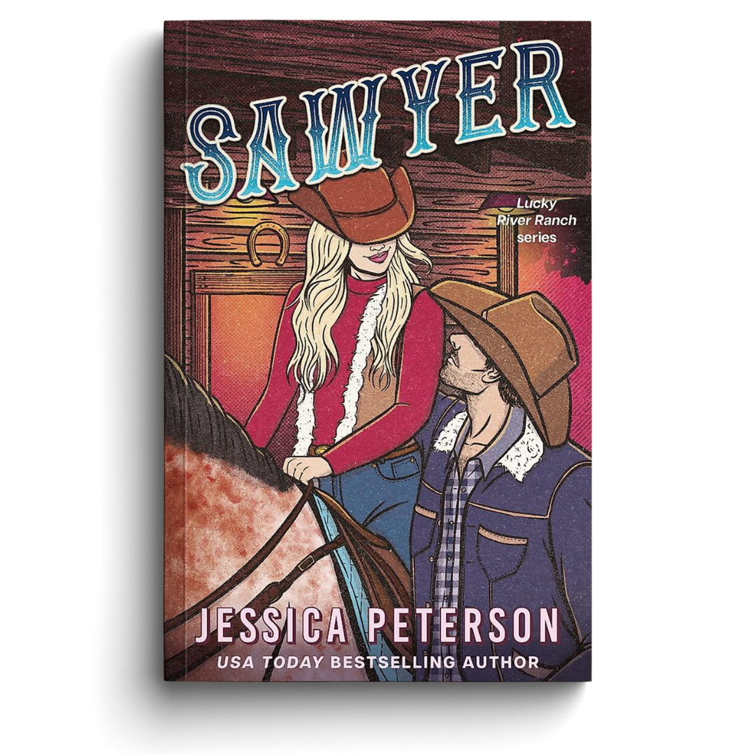 Book cover of 'Sawyer' by Jessica Peterson featuring two characters in cowboy hats.