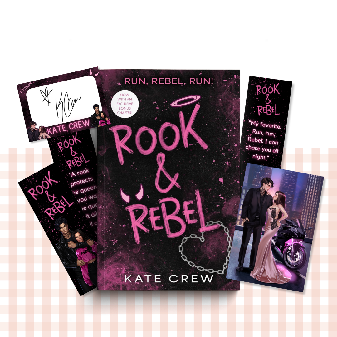 Paperback book cover of 'Rook & Rebel' by Kate Crew with promotional materials.