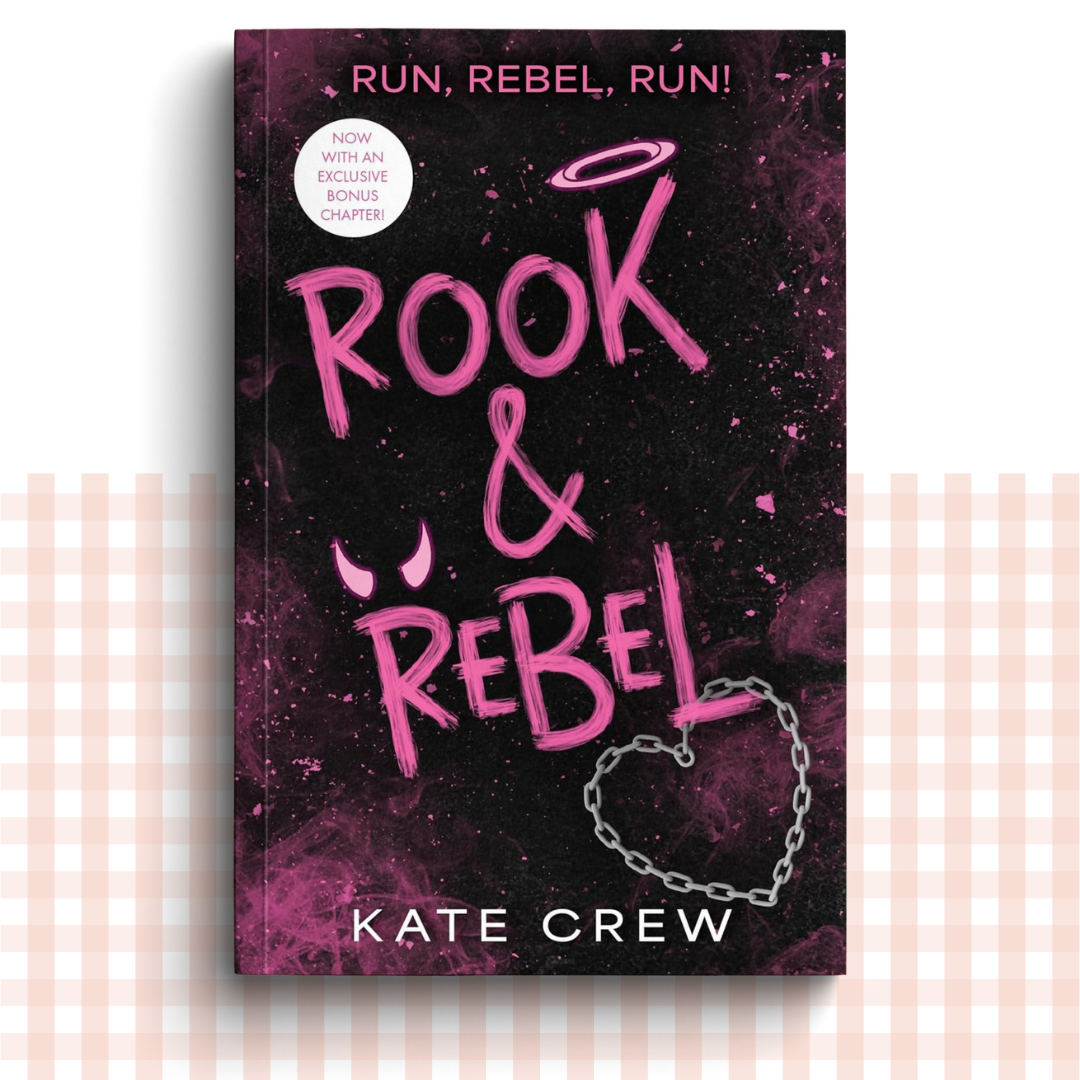 Paperback book cover of 'Rook & Rebel' by Kate Crew with pink text on a dark background