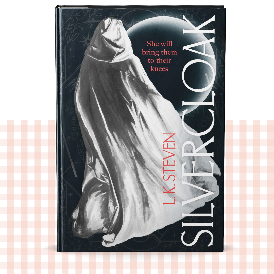 Hardback book cover of 'Silvercloak' by LK Steven with a black and white illustration of a figure in a cloak.