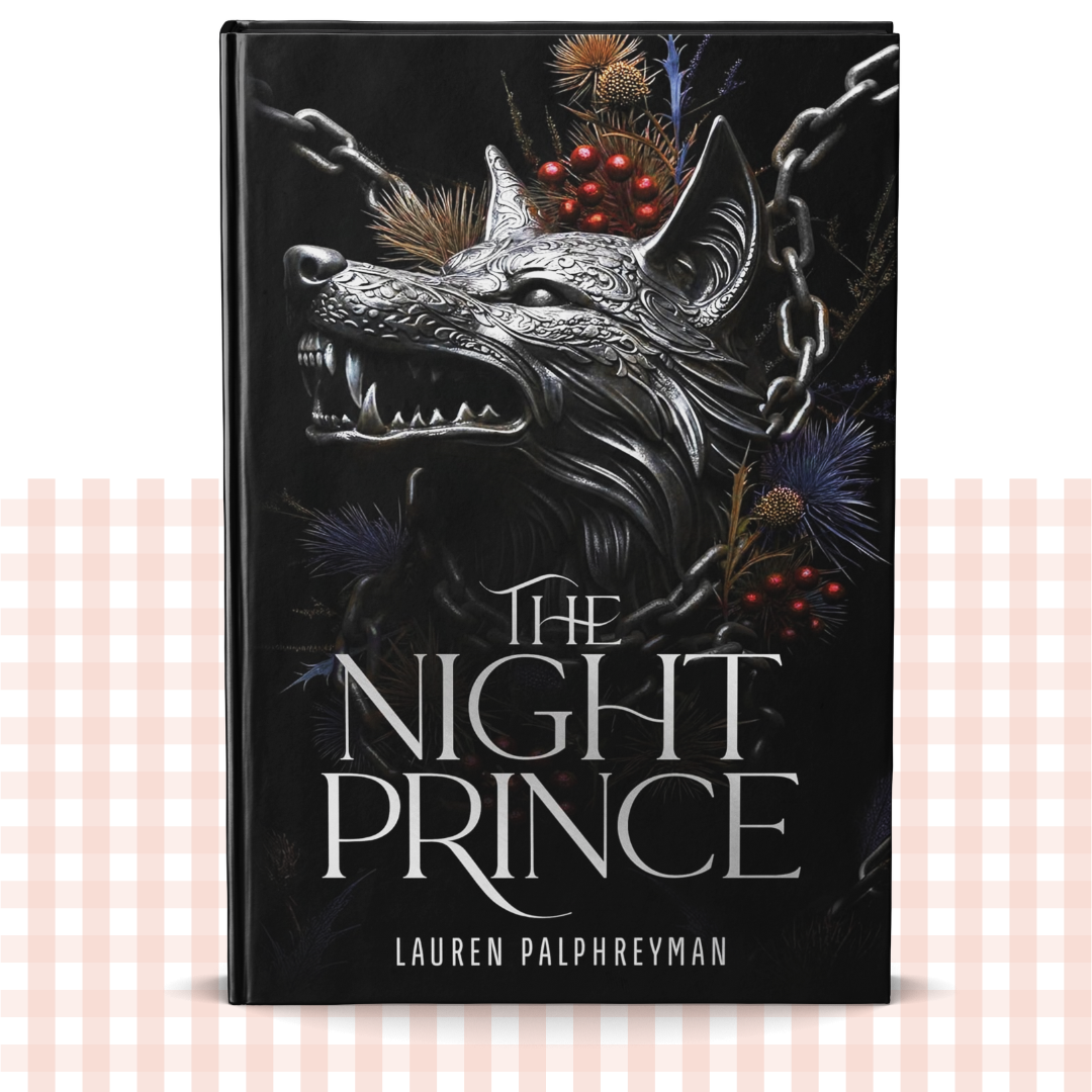 Hardback book cover of 'The Night Prince' by Lauren Palphreyman with a wolf design on a black background