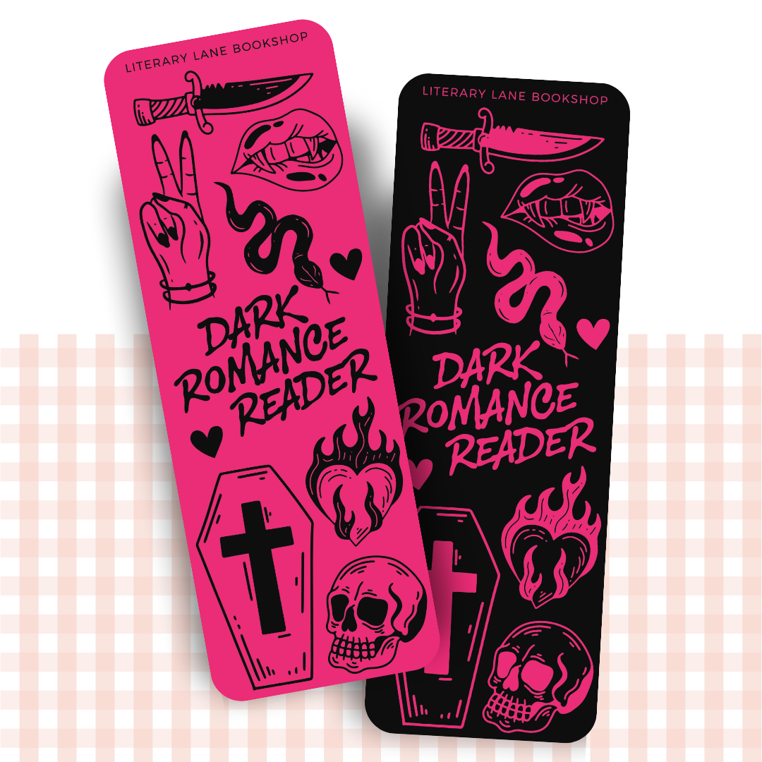 Double-sided bookmark with black and pink design, with illustrations relating to dark romance readers.