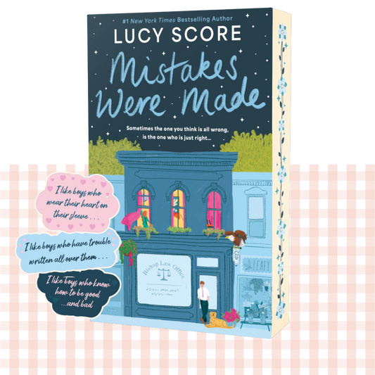 Paperback book cover of 'Mistakes Were Made' by Lucy Score with matching stickers
