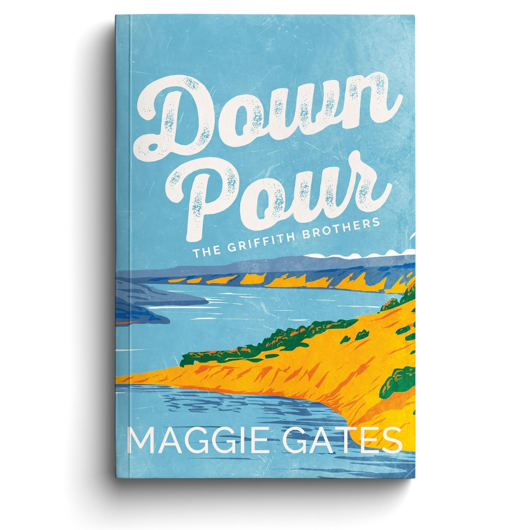 Book cover of 'Down Pour' by Maggie Gates with a scenic illustration on a blue background.