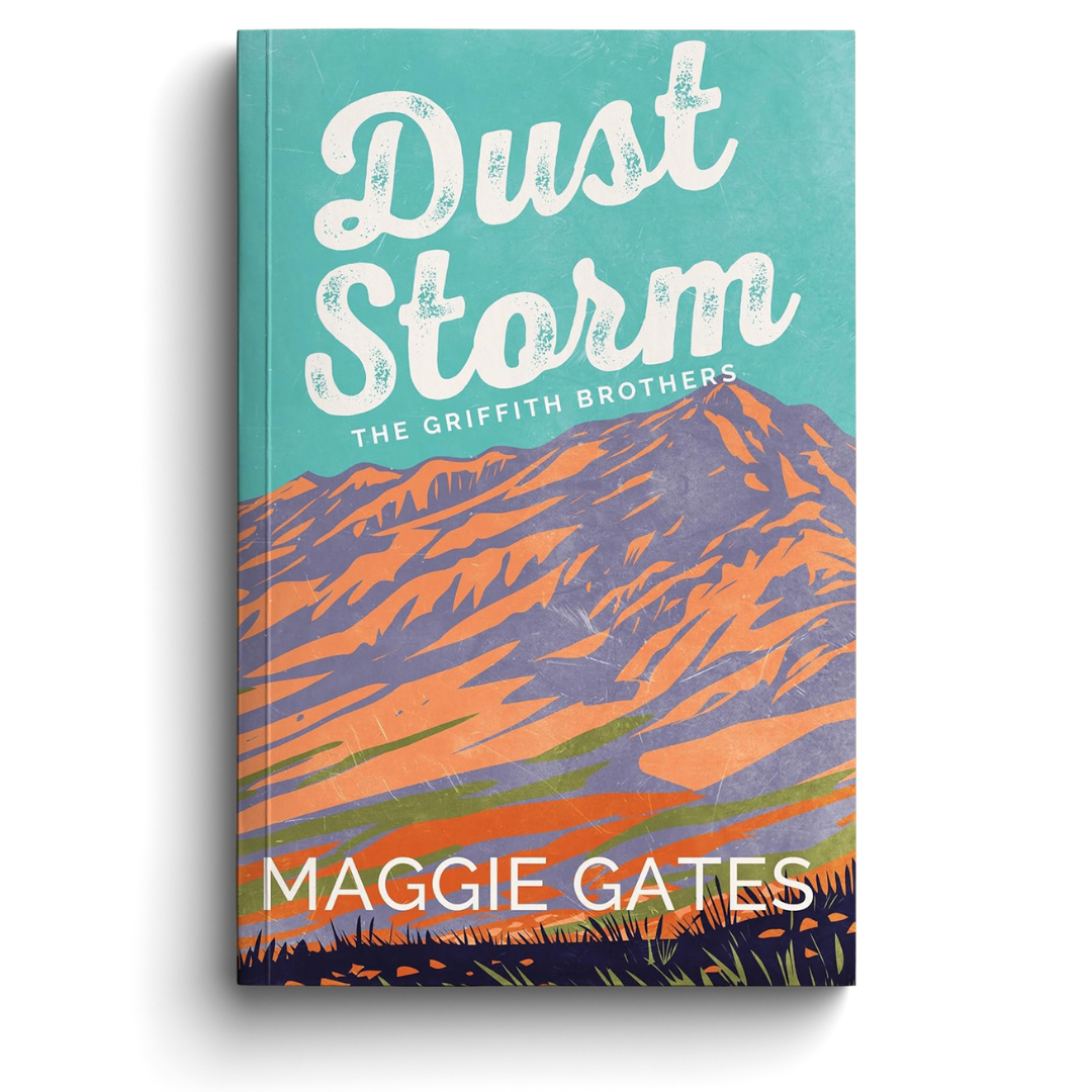 Book cover of 'Dust Storm' by Maggie Gates with mountain illustration and teal background