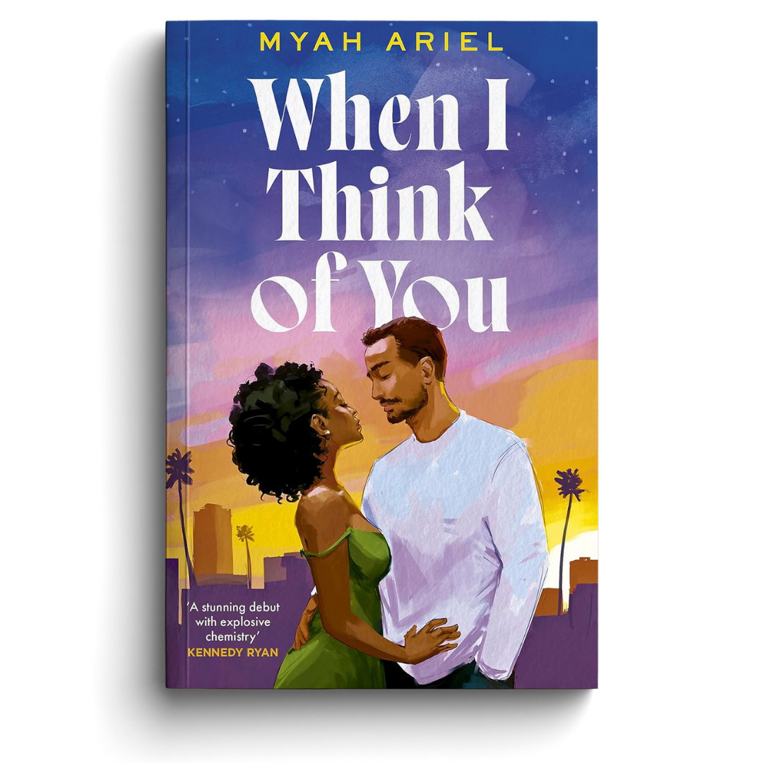Book cover of 'When I Think of You' by Myah Ariel with a couple embracing against a city skyline.