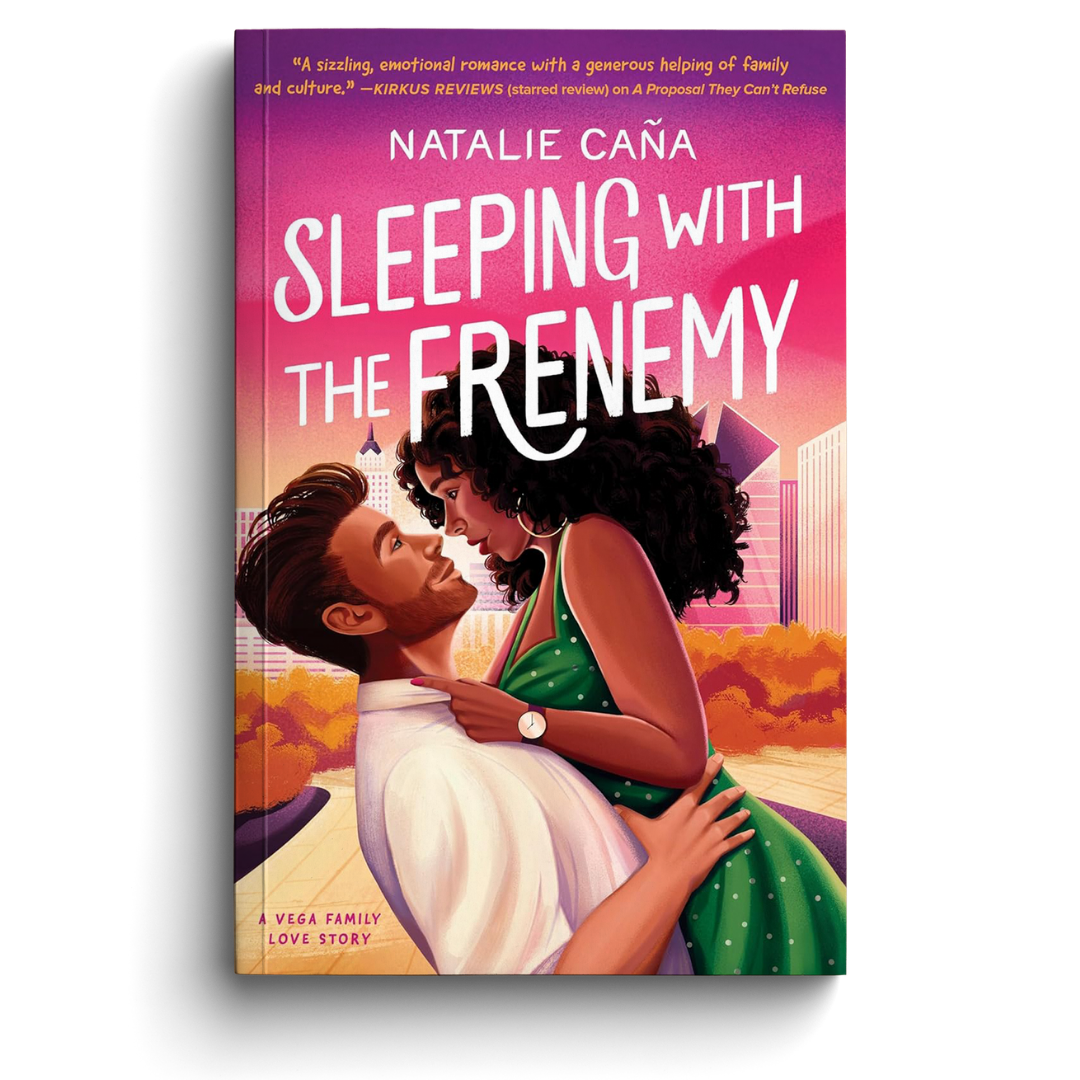 Book cover of 'Sleeping with the Frenemy' by Natalie Caña featuring a couple embracing against a cityscape.