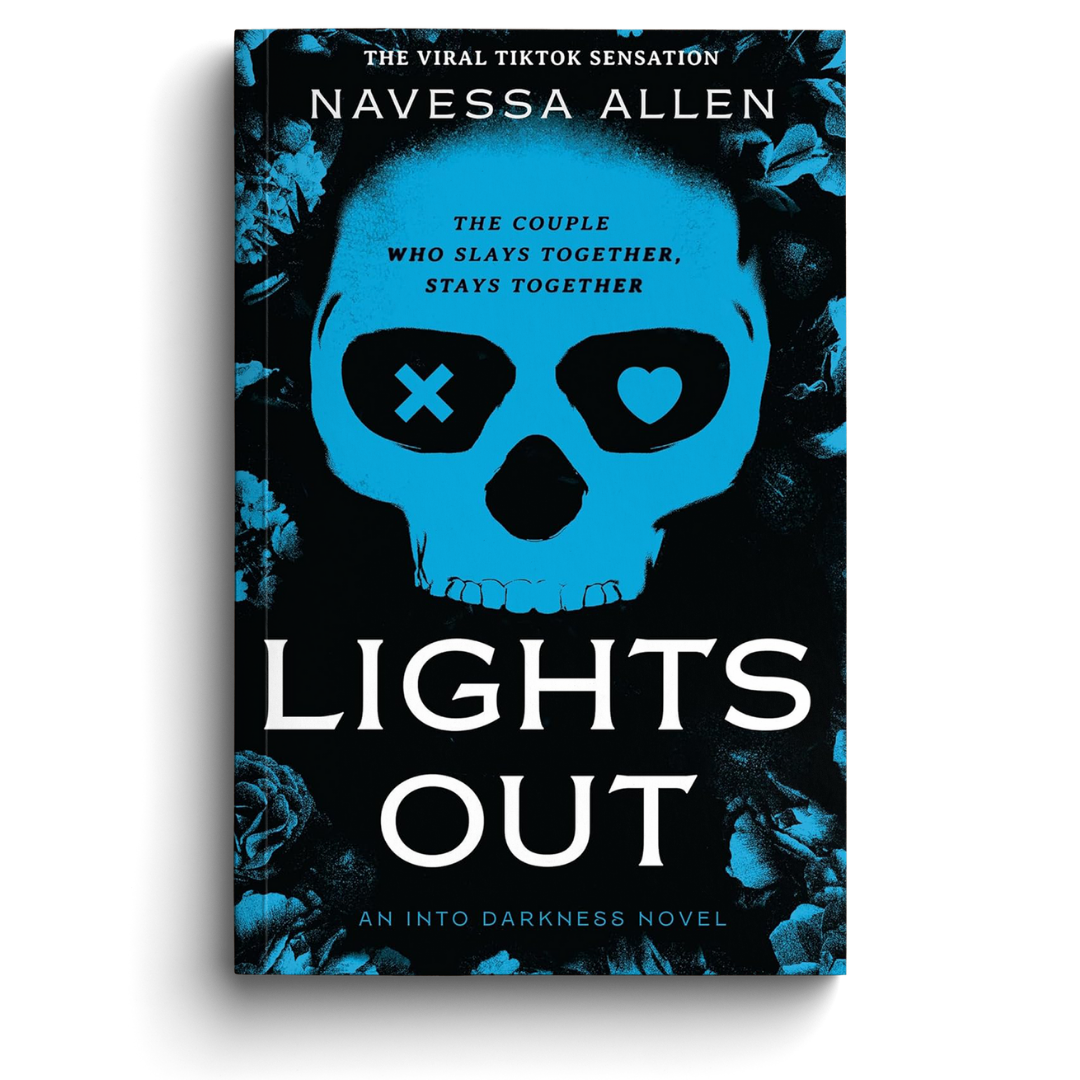 Book cover of 'Lights Out' by Navessa Allen with a blue skull design on a black background.