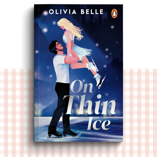 Paperback book cover of 'On Thin Ice' by Olivia Belle featuring an illustration of a couple ice skating.
