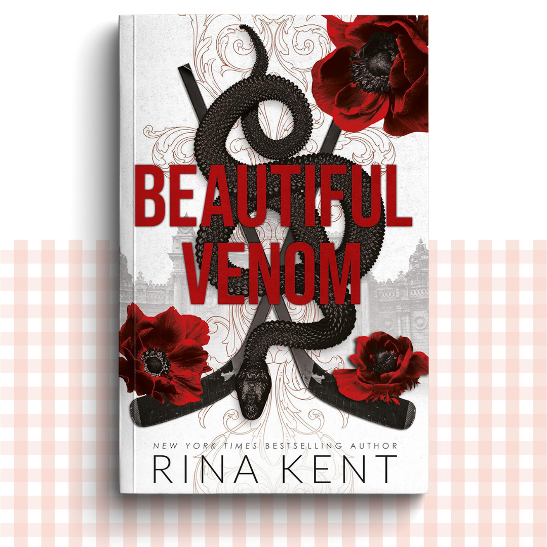 Paperback book cover of 'Beautiful Venom' by Rina Kent with a snake and red flowers on a white background.