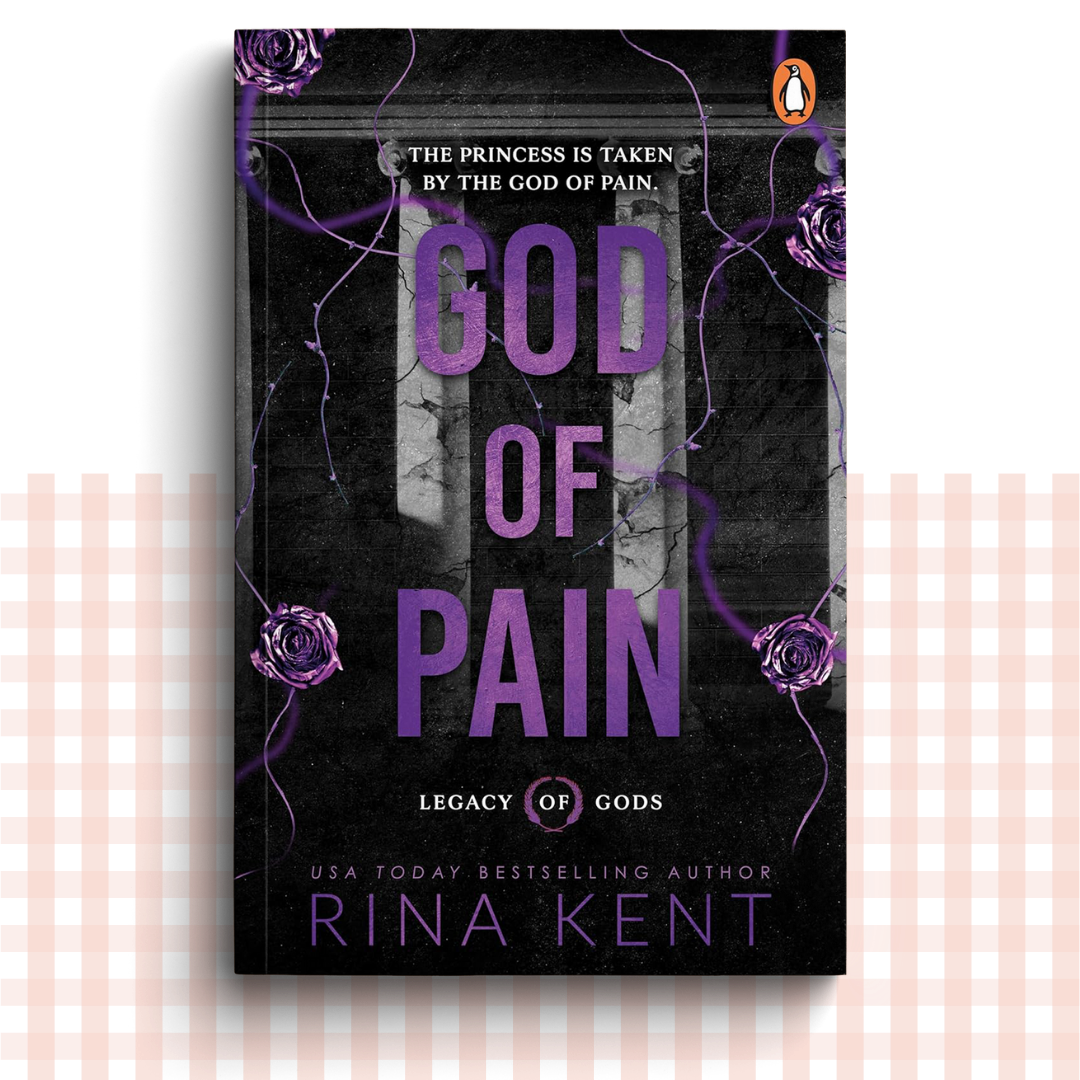 Book cover of 'God of Pain' by Rina Kent with purple text and roses on a dark background.