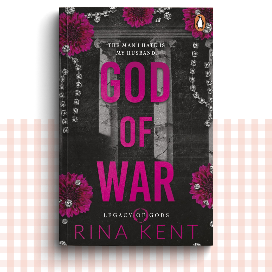 Paperback book cover of 'God of War' by Rina Kent with pink text on a black background.