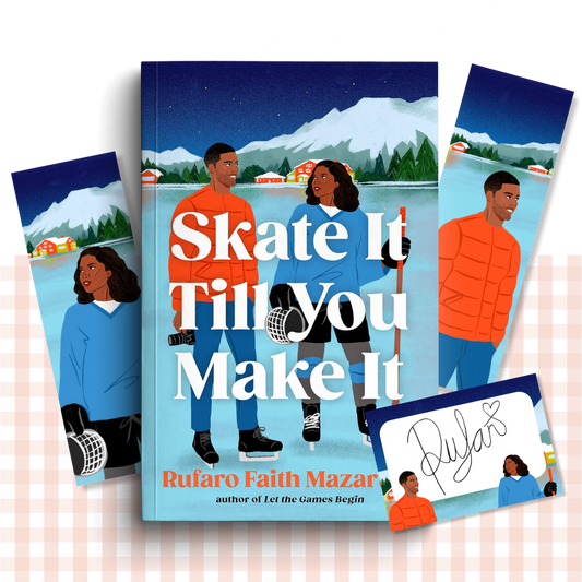 Paperback book cover of 'Skate It Till You Make It' by Rufaro Faith Mazarura with illustrations of two people skating and mountains in the background, as well as matching order goodies.