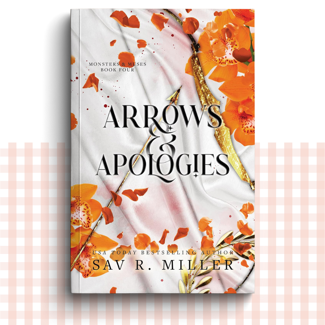 Paperback book cover of 'Arrows & Apologies' by Sav R. Miller with a white and orange floral design.