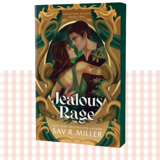 Paperback book cover of 'Jealous Rage' by Sav R. Miller with a green and gold design, and green sprayed edges.
