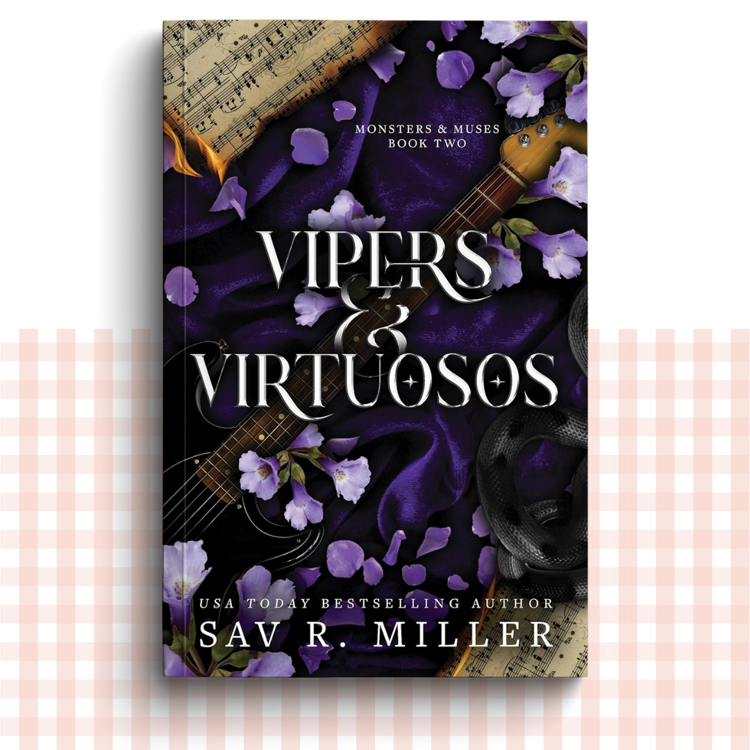Paperback book cover of 'Vipers & Virtuosos' by Sav R. Miller with purple flowers and a guitar.