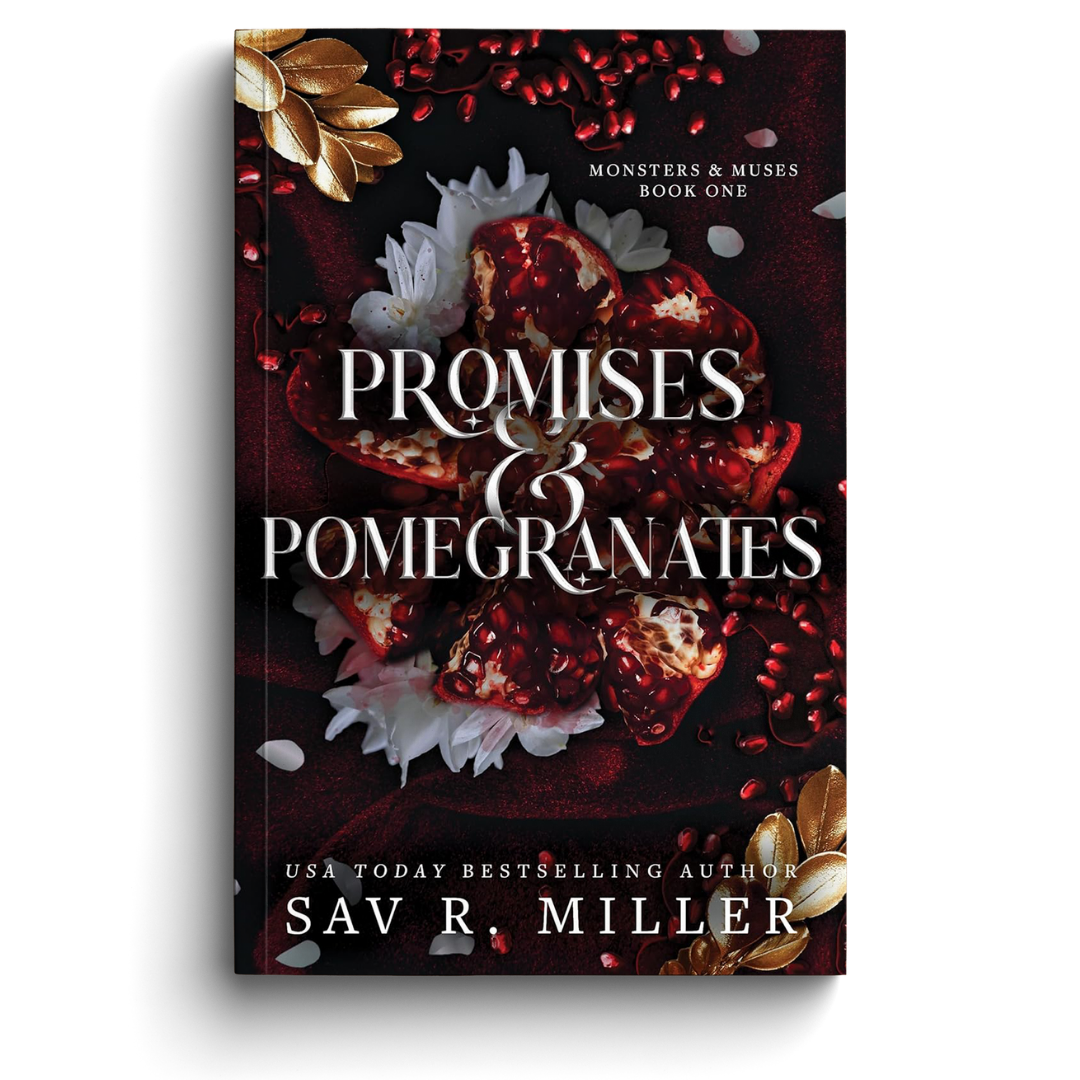 Book cover of 'Promises & Pomegranates' with floral and fruit design