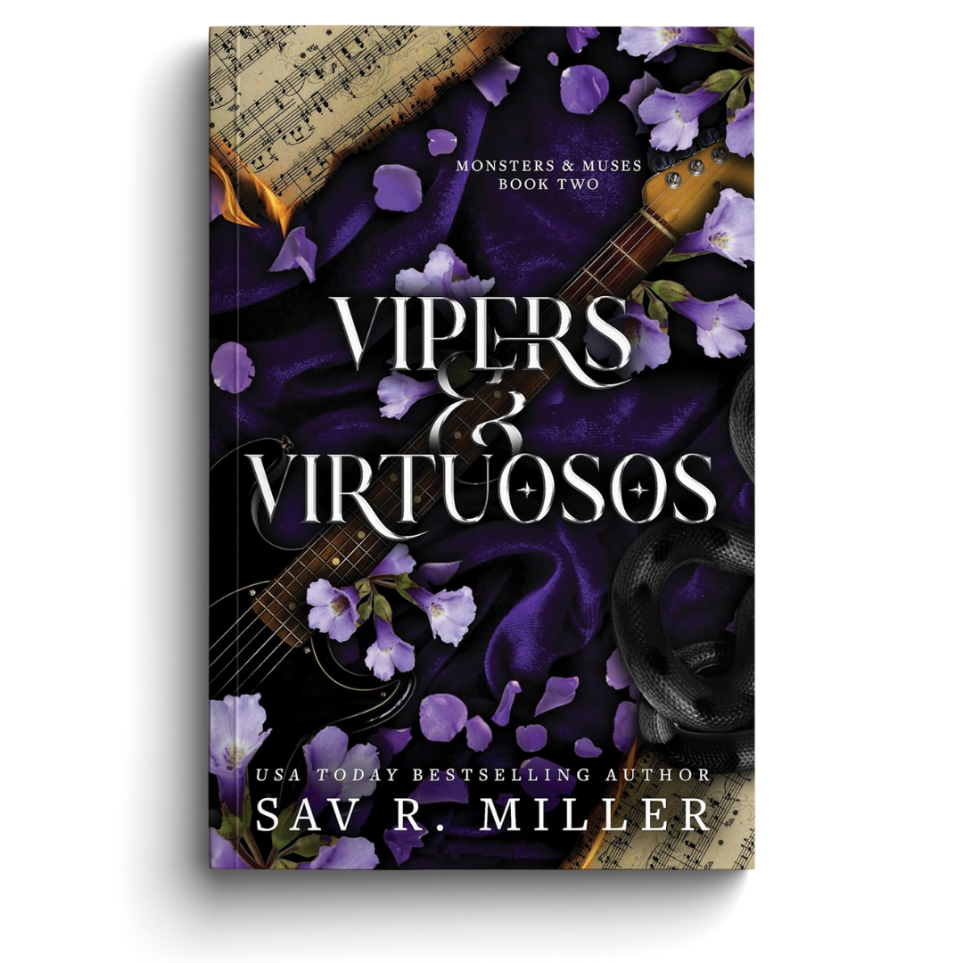 Book cover of 'Vipers & Virtuosos' with purple flowers and a guitar on a white background