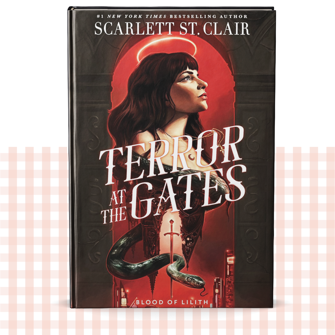 Hardback book cover of 'Terror at the Gates' by Scarlett St. Clair with a dark red and black design.