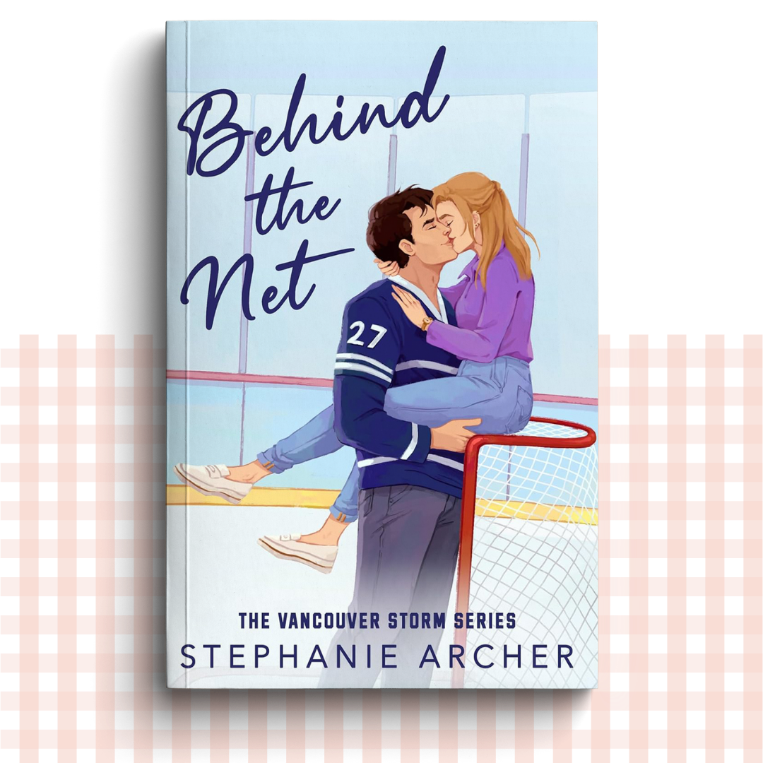 Paperback book cover of 'Behind the Net' by Stephanie Archer with an illustration of a couple on a hockey rink.