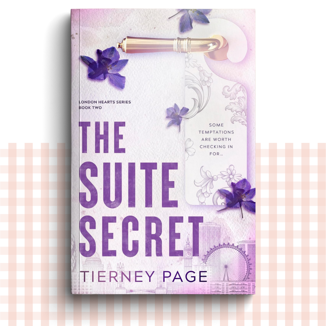 Paperback book cover of 'The Suite Secret' by Tierney Page with a purple cover design, featuring a London skyline and a hotel door hanger.