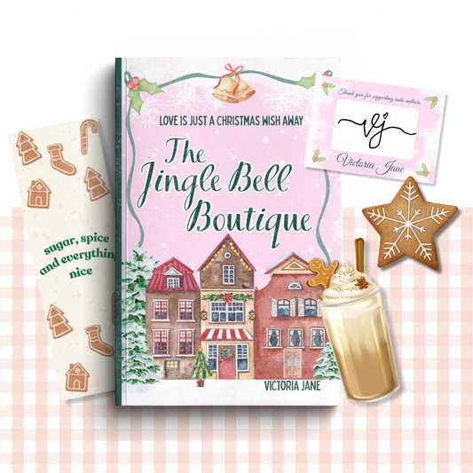 Paperback book cover of 'The Jingle Bell Boutique' by Victoria Jane with matching goodies and bookplate.