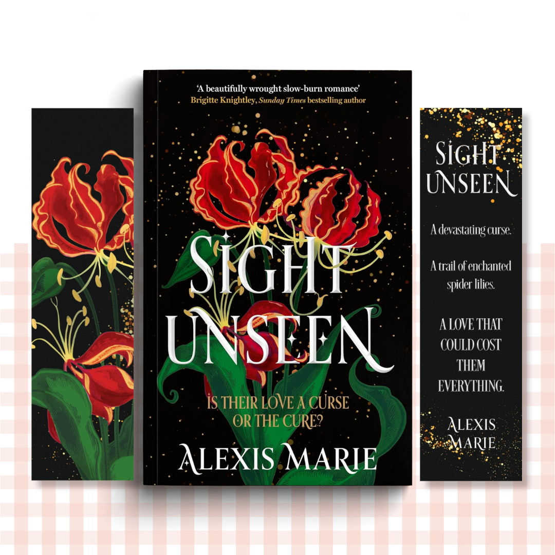 Paperback book cover of 'Sight Unseen' by Alexis Marie with floral design on a black background