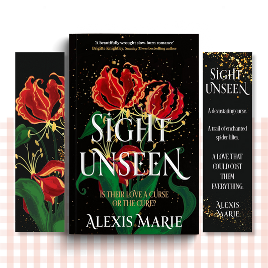 Paperback book cover of 'Sight Unseen' by Alexis Marie with floral design on a black background