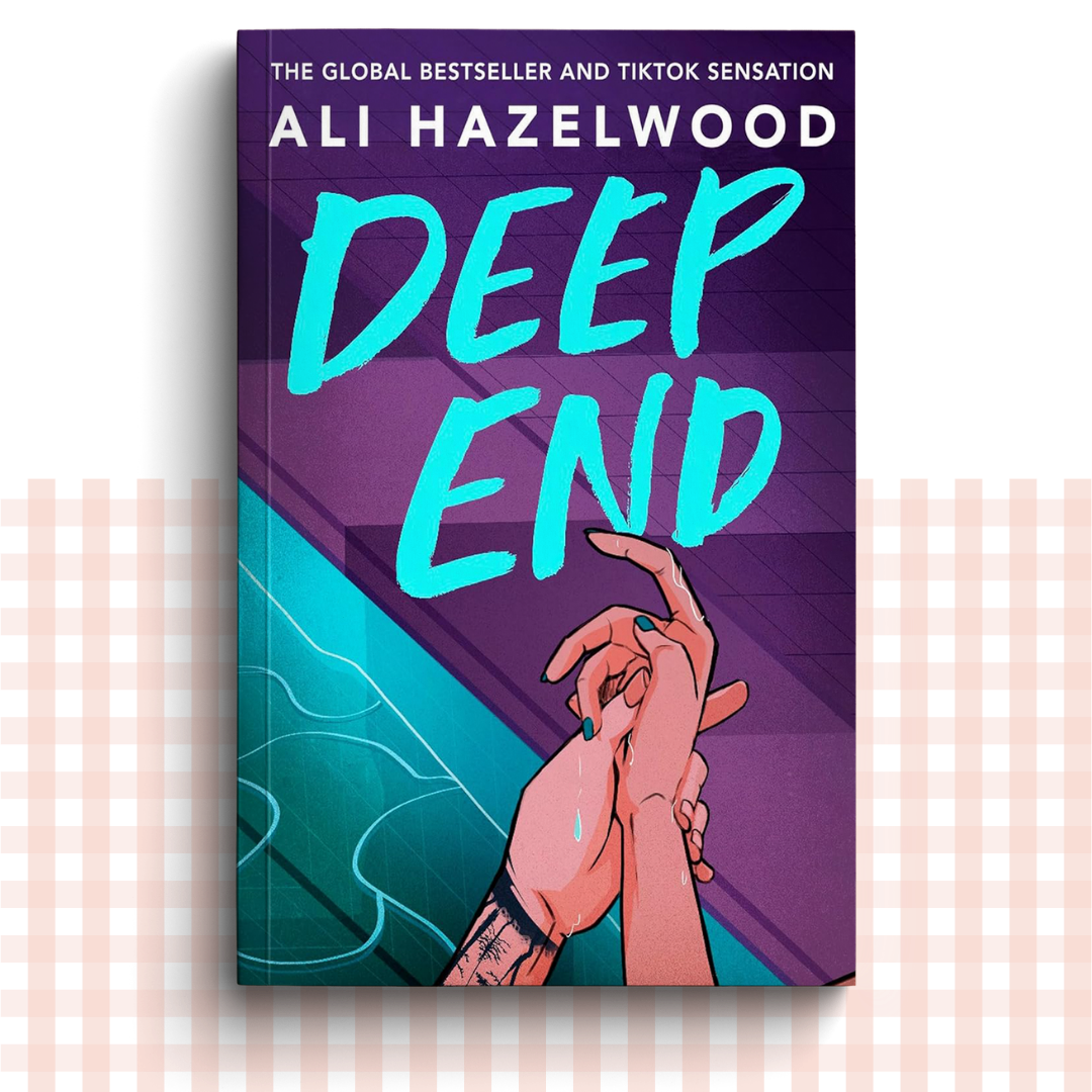 Paperback book cover of 'Deep End' by Ali Hazelwood with a stylized illustration of hands on a purple and teal background.