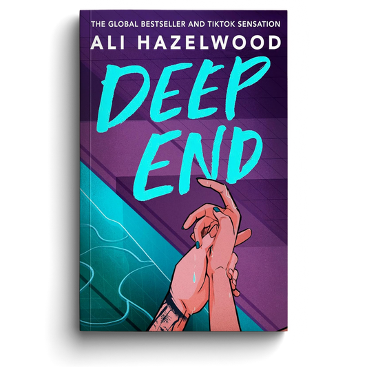 Book cover of 'Deep End' by Ali Hazelwood with a stylized illustration of hands on a purple and teal background.