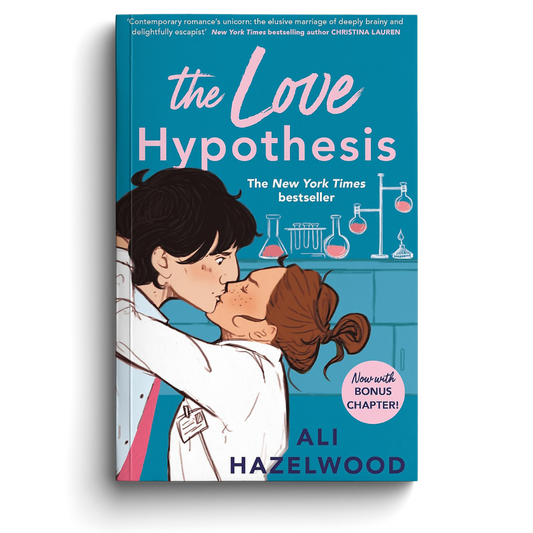 Book cover of 'The Love Hypothesis' by Ali Hazelwood with a couple embracing and laboratory elements.