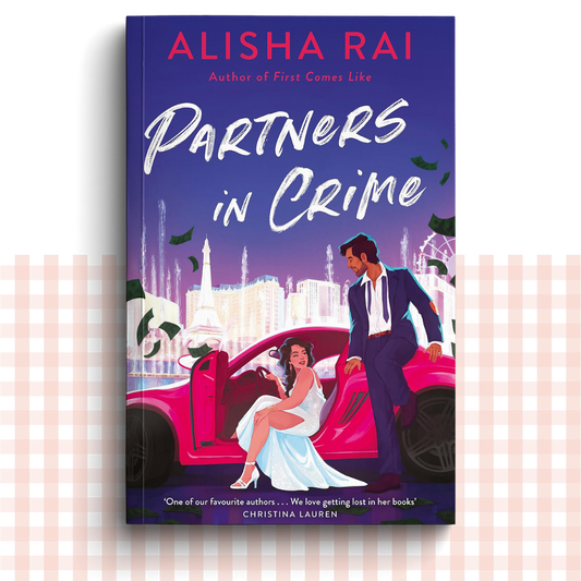 Paperback book cover of 'Partners in Crime' by Alisha Rai with a couple by a pink car on a purple background.